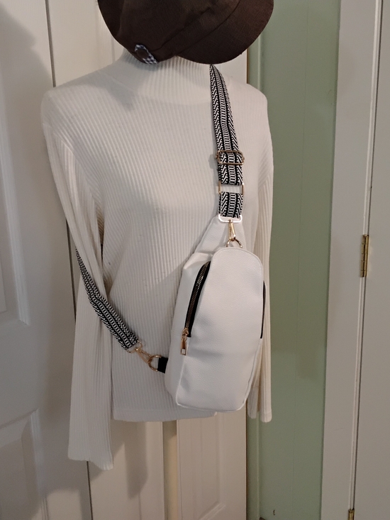None Handbags - 4004 White Leatherette Crossbody Sling Backpack with Patterned Strap